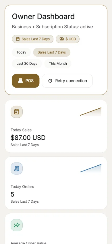 IdeaPOS dashboard on a phone in the selected language.