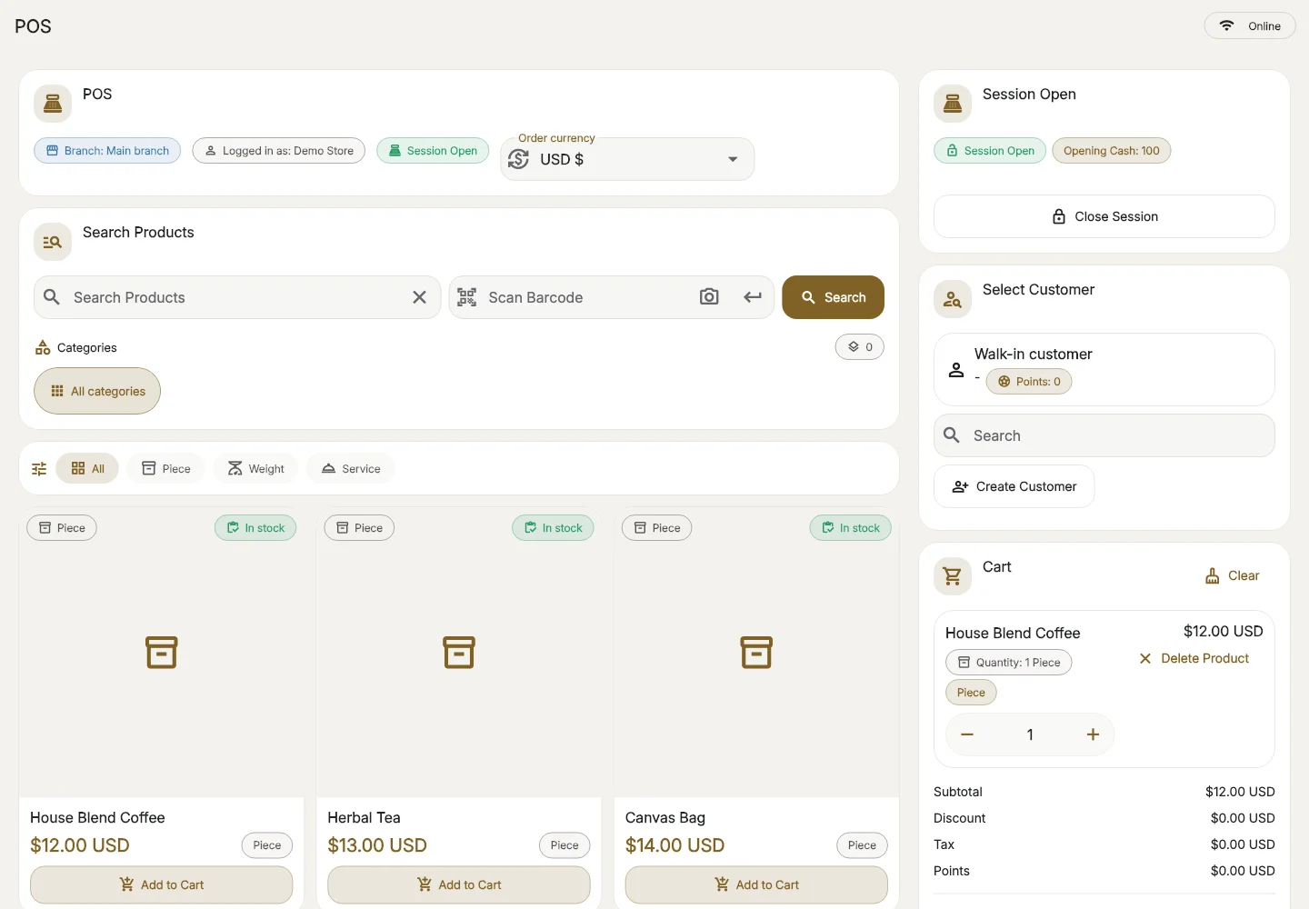 IdeaPOS checkout workspace with product search, a cart and customer selection using demo products.
